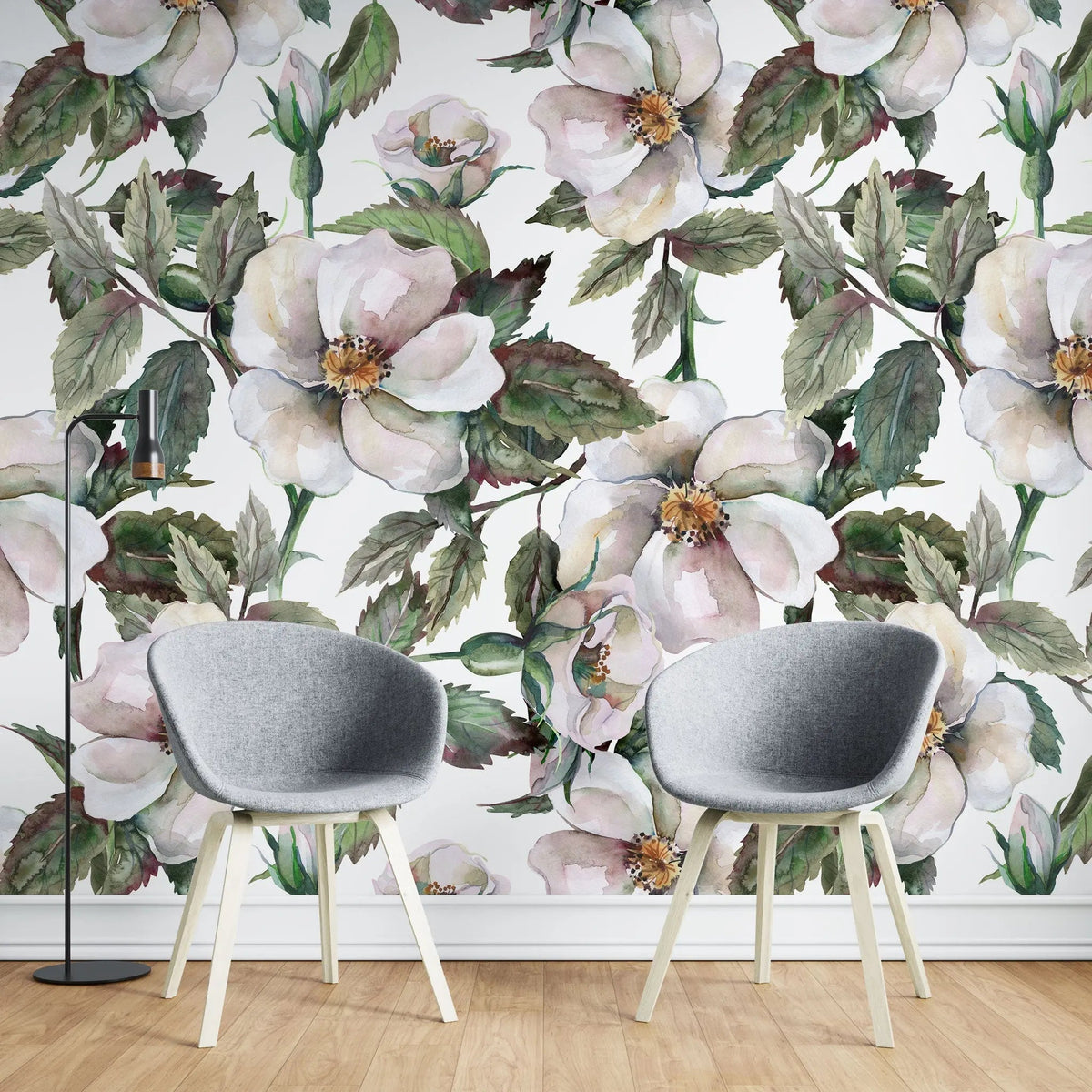Tapet personalizat floral cu trandafiri salbatici pe fundal alb wild roses light