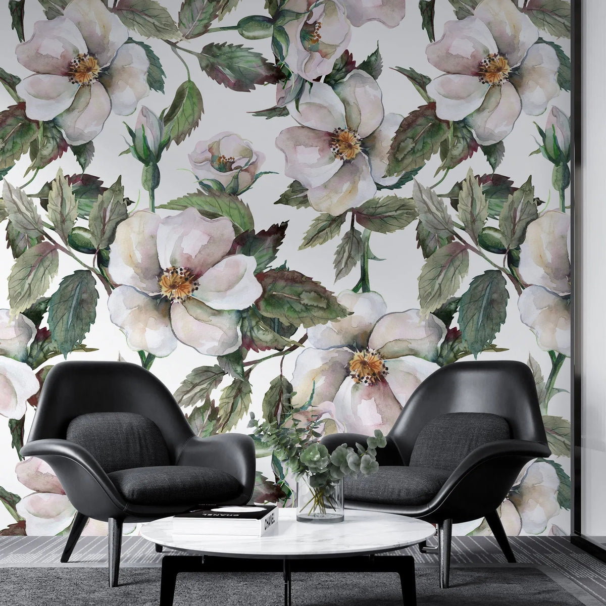Tapet personalizat floral cu trandafiri salbatici pe fundal alb wild roses light
