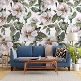Tapet personalizat floral cu trandafiri salbatici pe fundal alb wild roses light
