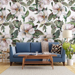 Tapet personalizat floral cu trandafiri salbatici pe fundal alb wild roses light