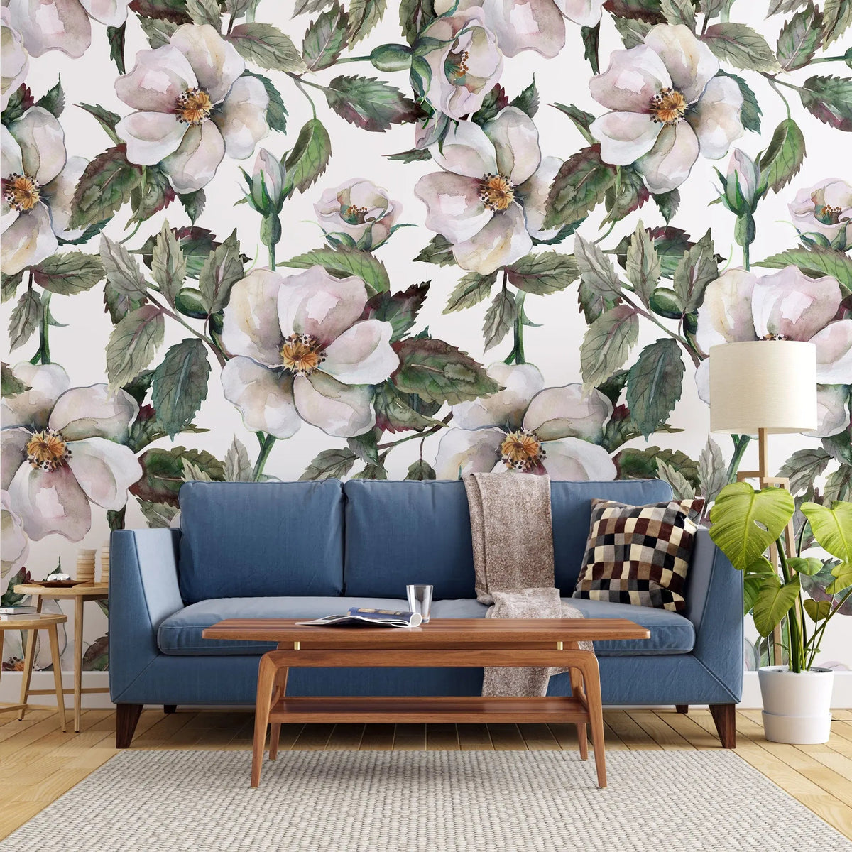 Tapet personalizat floral cu trandafiri salbatici pe fundal alb wild roses light