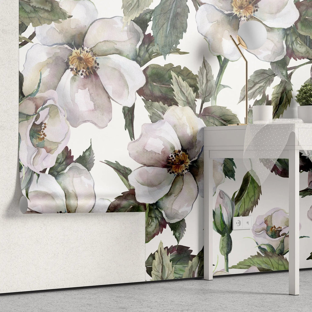 Tapet personalizat floral cu trandafiri salbatici pe fundal alb wild roses light