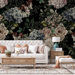 Tapet personalizat floral cu arangament floral cu trandafiri si hydrangea pe un fundal inchis hydrangea arrangement