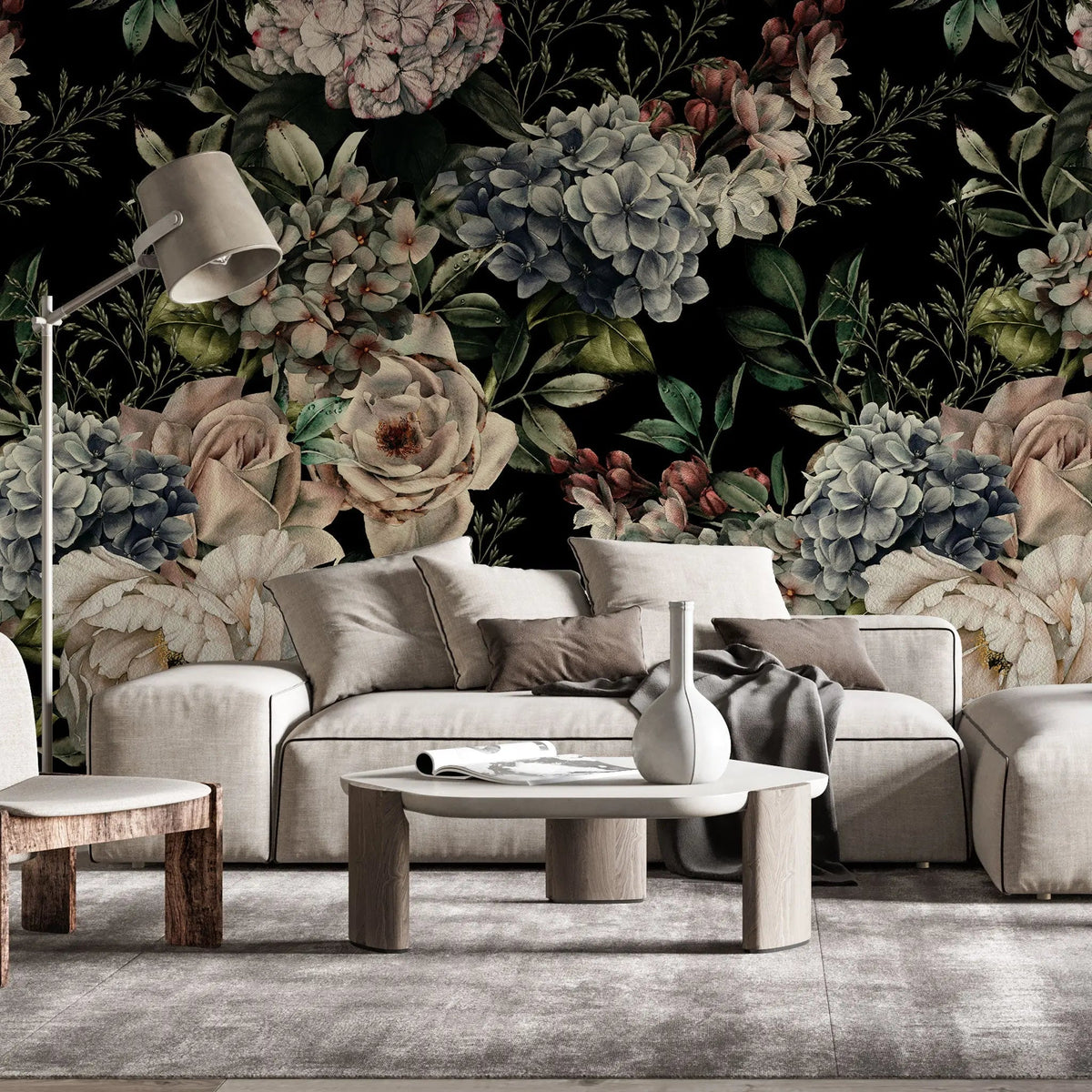 Tapet personalizat floral cu arangament floral cu trandafiri si hydrangea pe un fundal inchis hydrangea arrangement