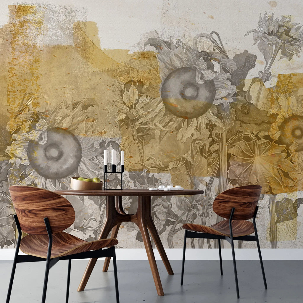 Tapet personalizat floral vintage cu flori de floarea soarelui vintage sunflowers