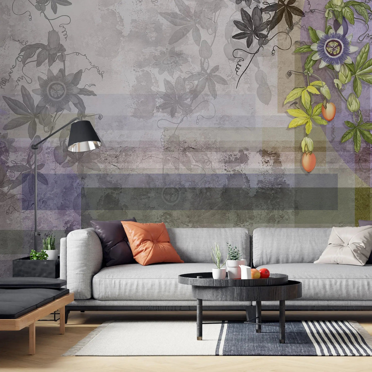 Tapet personalizat floral cu maces inflorit pe un fundal gri bloomed rosehip grey