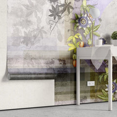Tapet personalizat floral cu maces inflorit pe un fundal gri bloomed rosehip grey