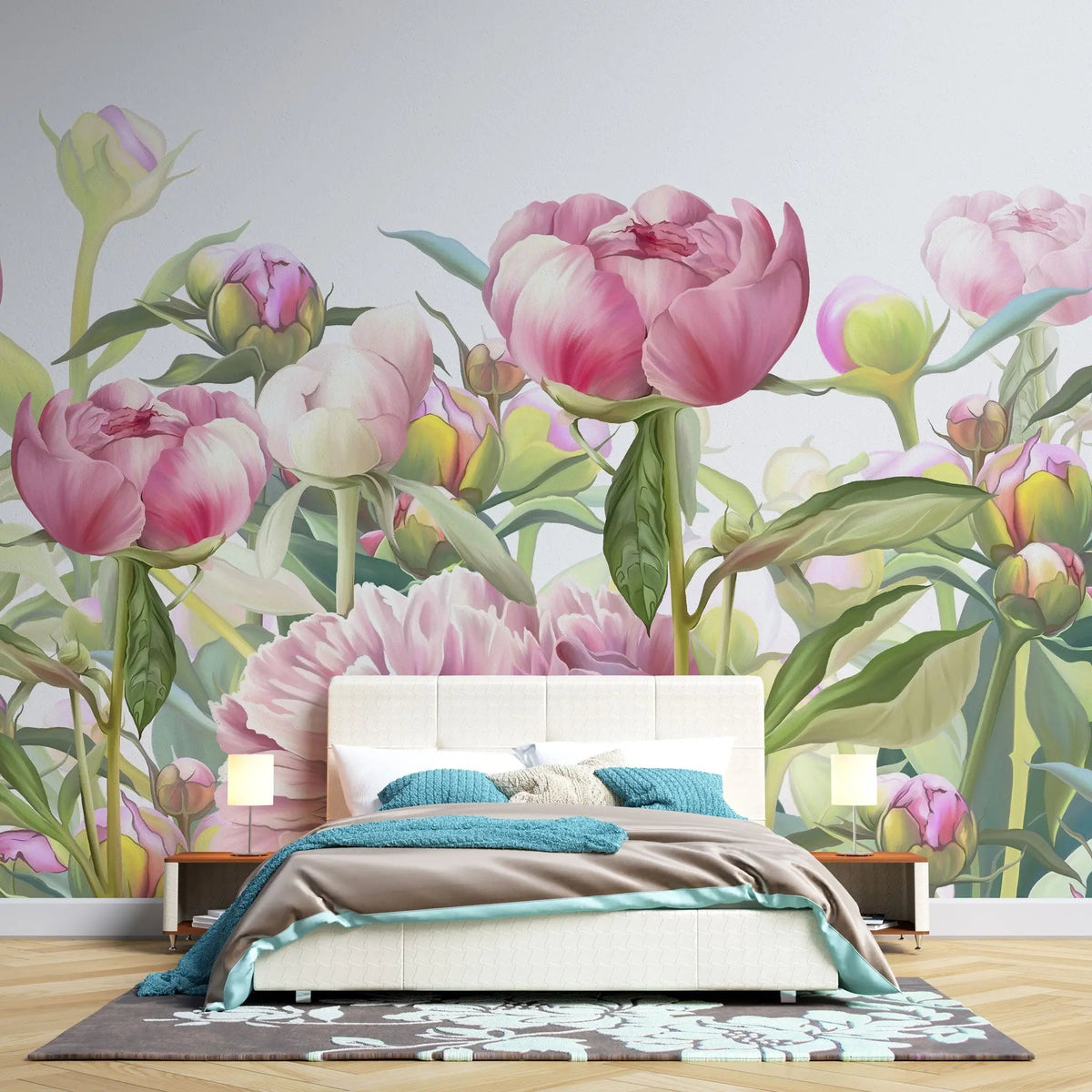 Tapet personalizat floral cu lalele roz inflorite pe fundal alb pink tulips