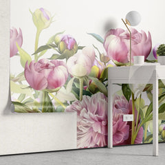 Tapet personalizat floral cu lalele roz inflorite pe fundal alb pink tulips