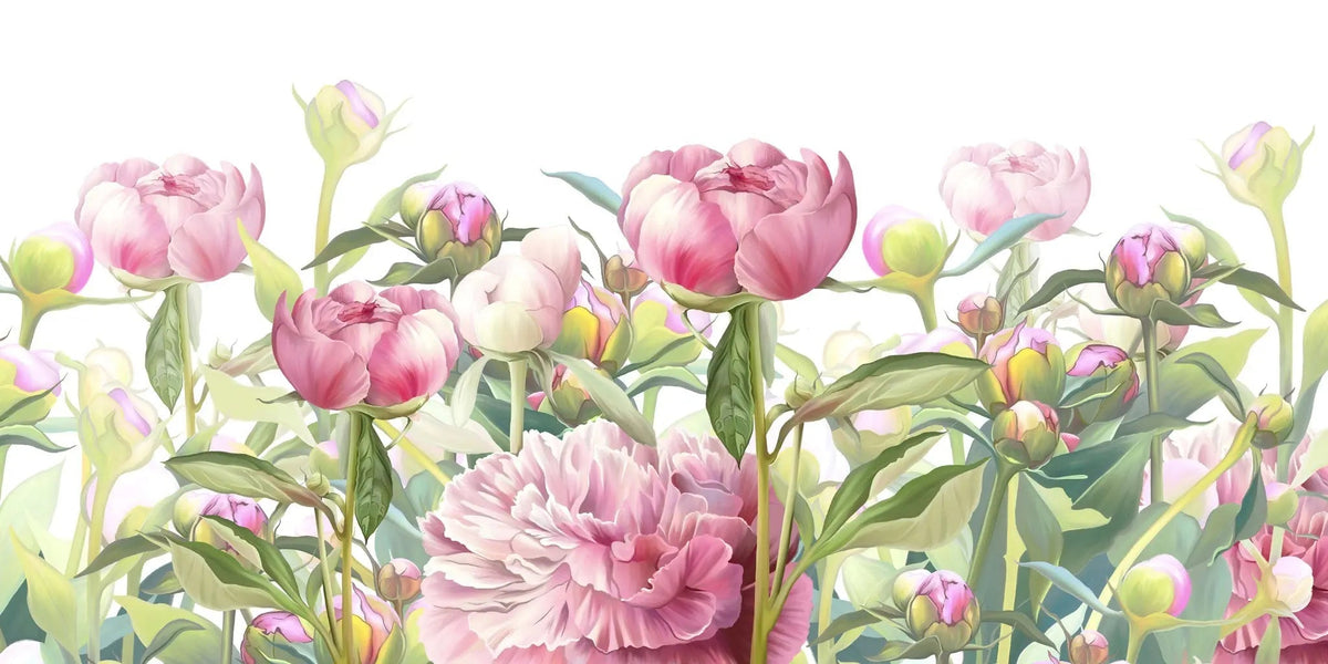 Tapet personalizat floral cu lalele roz inflorite pe fundal alb pink tulips