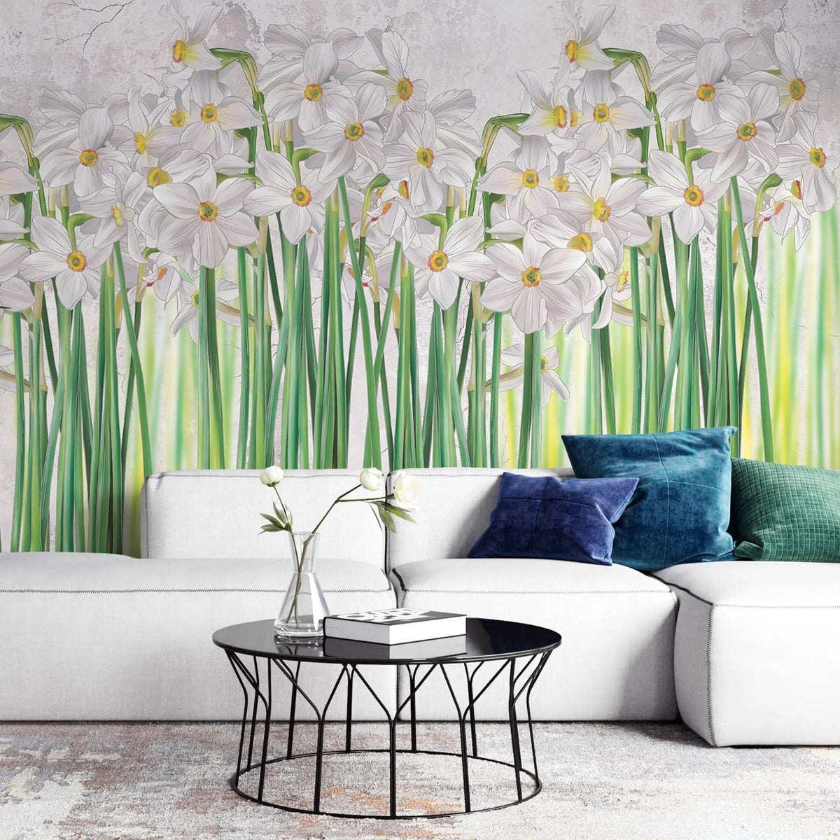 Tapet personalizat floral cu narcise albe inflorite pe fundal alb poet's narcissus