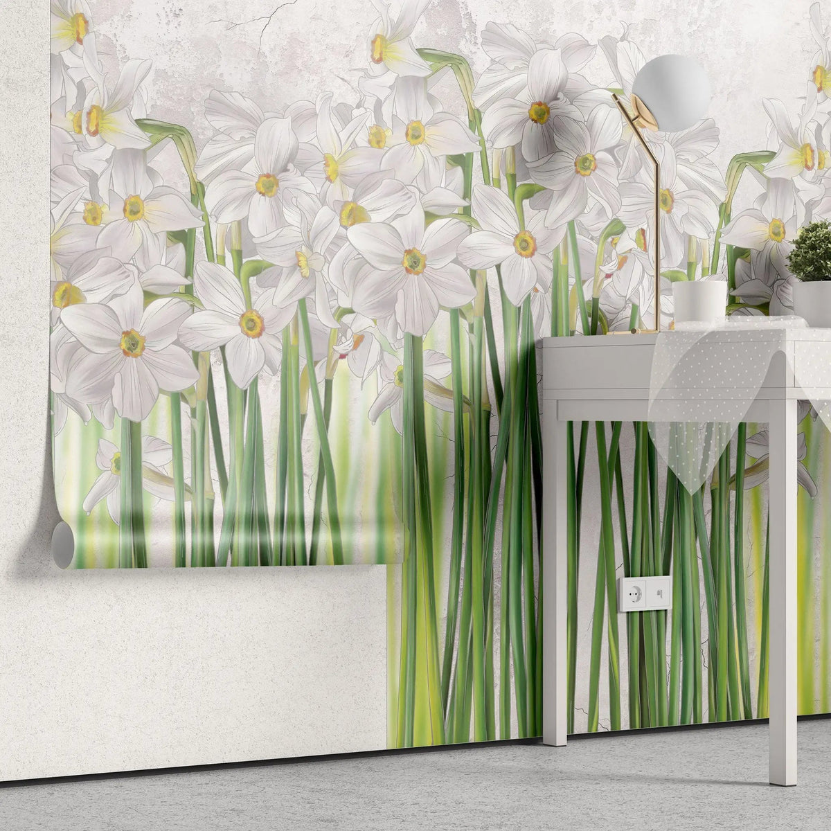 Tapet personalizat floral cu narcise albe inflorite pe fundal alb poet's narcissus
