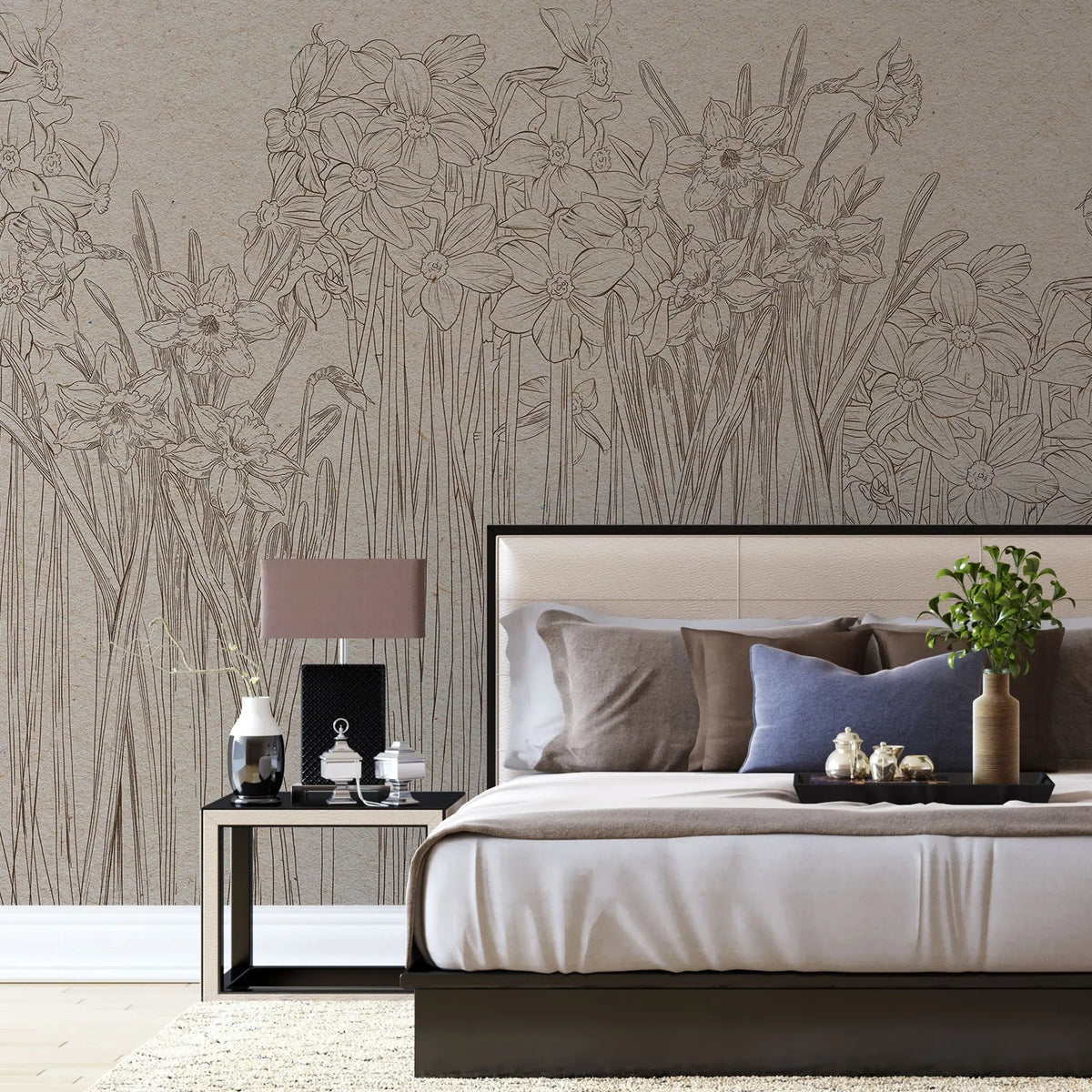 Tapet personalizat floral cu narcise desenate in creion daffodil sketch