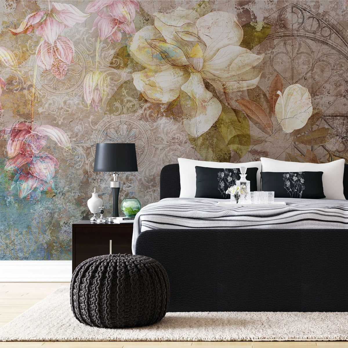Tapet personalizat floral vintage cu flori de magnolie si iasomie vintage damask wall