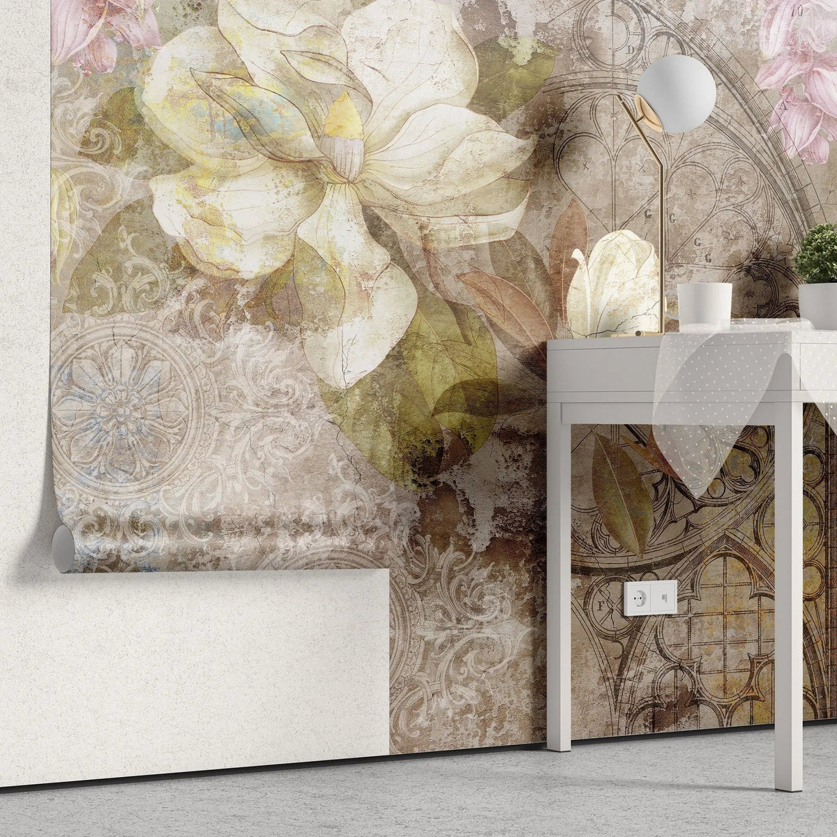 Tapet personalizat floral vintage cu flori de magnolie si iasomie vintage damask wall
