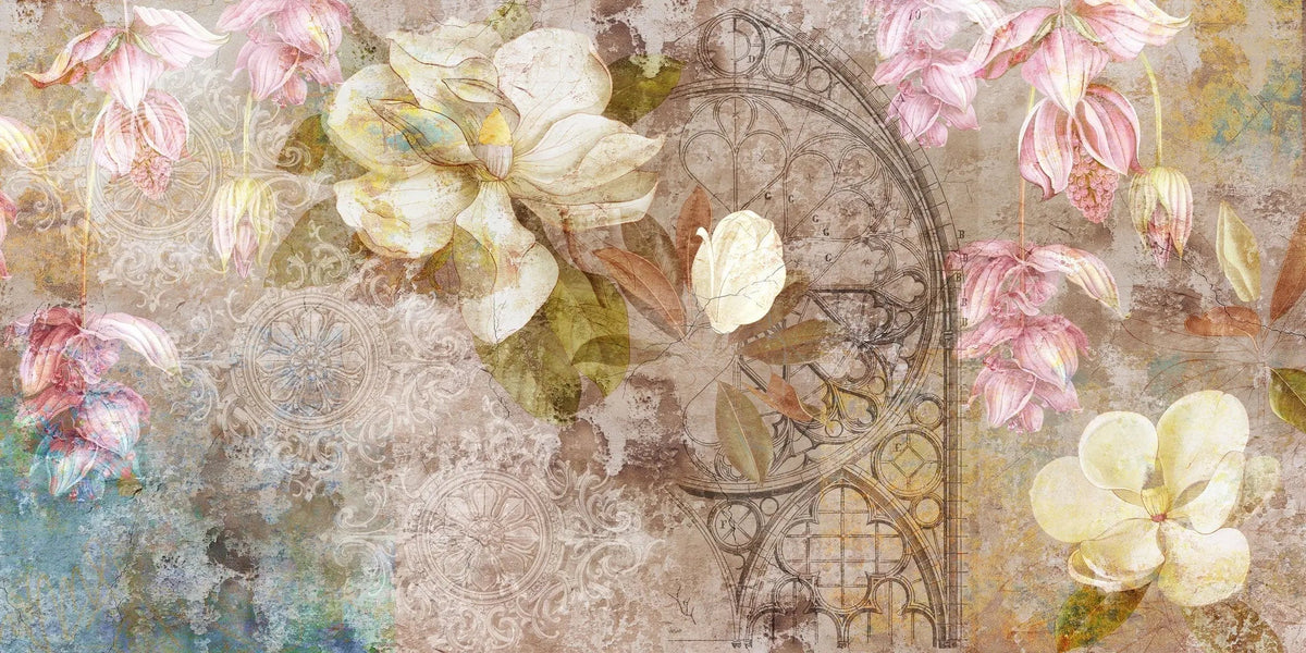 Tapet personalizat floral vintage cu flori de magnolie si iasomie vintage damask wall