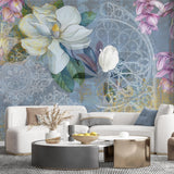 Tapet personalizat floral colorat cu flori de magnolie si iasomie dreamy damask wall