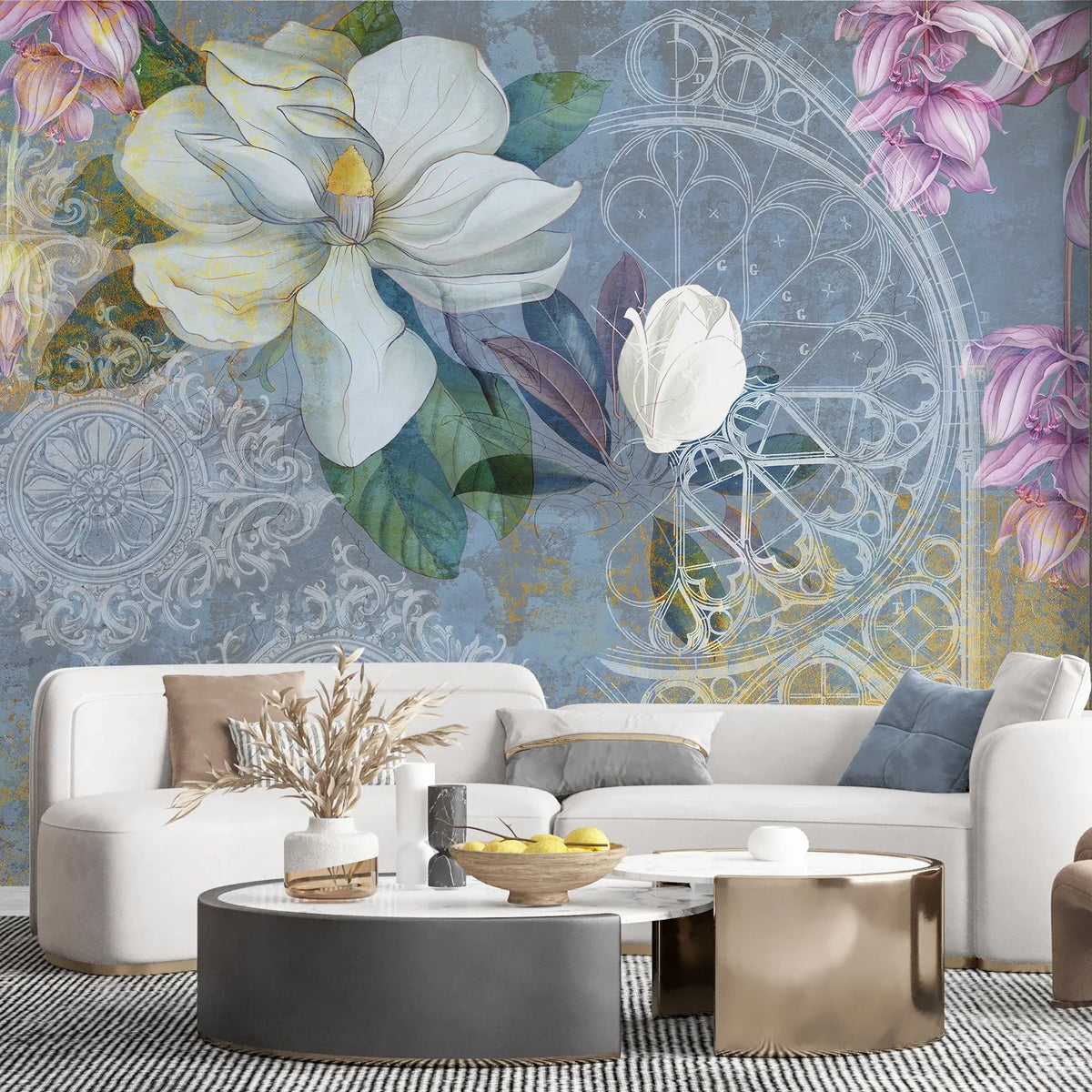 Tapet personalizat floral colorat cu flori de magnolie si iasomie dreamy damask wall