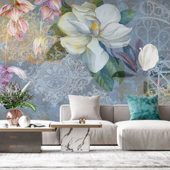 Tapet personalizat floral colorat cu flori de magnolie si iasomie dreamy damask wall