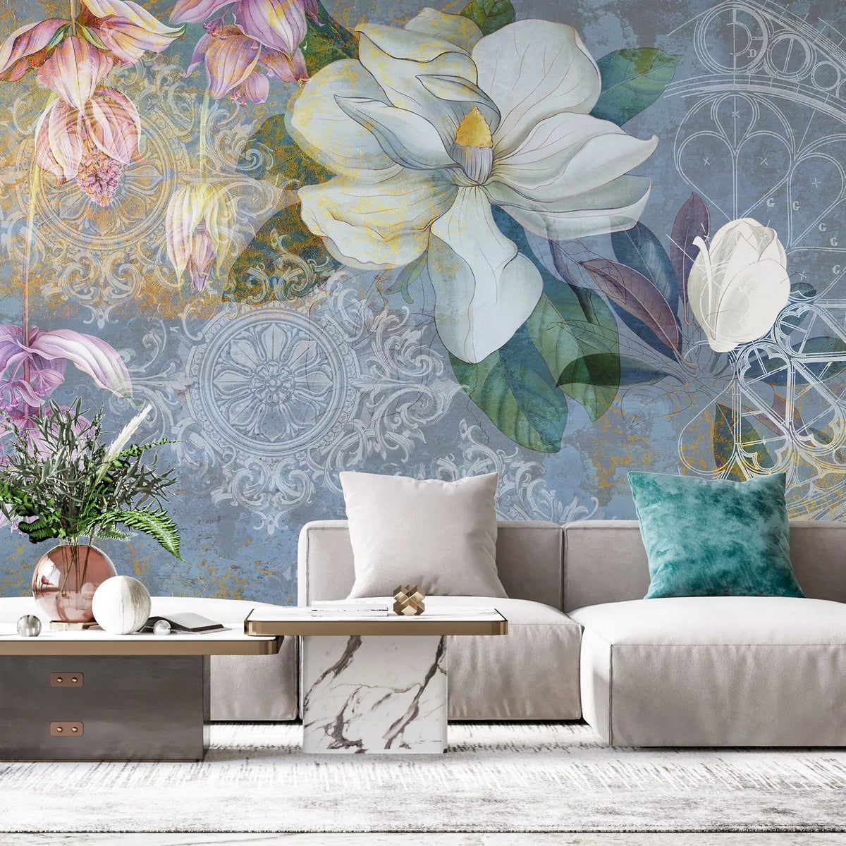 Tapet personalizat floral colorat cu flori de magnolie si iasomie dreamy damask wall