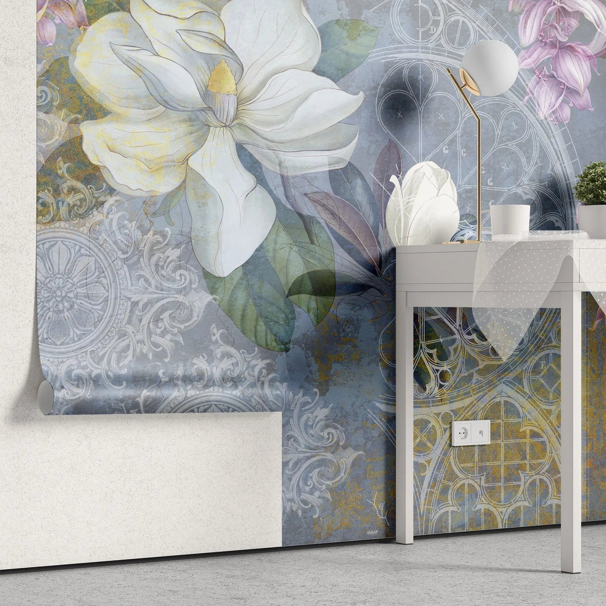 Tapet personalizat floral colorat cu flori de magnolie si iasomie dreamy damask wall