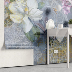 Tapet personalizat floral colorat cu flori de magnolie si iasomie dreamy damask wall