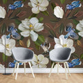 Tapet personalizat floral cu flori de stewartia pe un fundal maro blue bird stewartia i