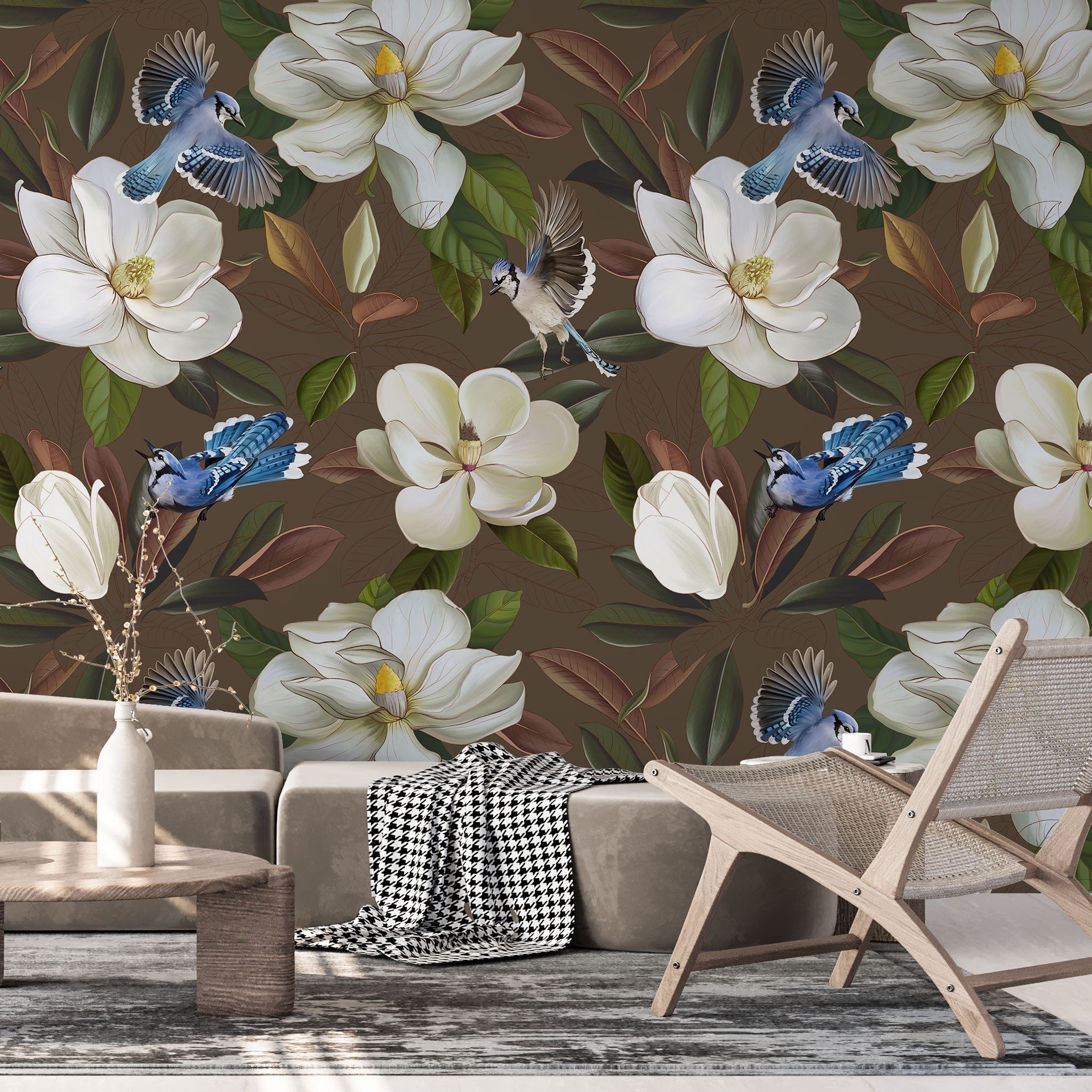 Tapet personalizat floral cu flori de stewartia pe un fundal maro blue bird stewartia i