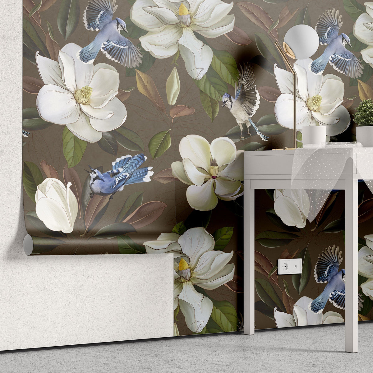 Tapet personalizat floral cu flori de stewartia pe un fundal maro blue bird stewartia i