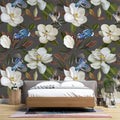 Tapet personalizat floral cu flori de stewartia pe un fundal gri inchis blue bird stewartia ii