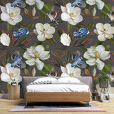 Tapet personalizat floral cu flori de stewartia pe un fundal gri inchis blue bird stewartia ii
