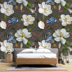 Tapet personalizat floral cu flori de stewartia pe un fundal gri inchis blue bird stewartia ii