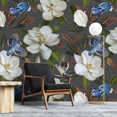 Tapet personalizat floral cu flori de stewartia pe un fundal gri inchis blue bird stewartia ii