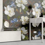 Tapet personalizat floral cu flori de stewartia pe un fundal gri inchis blue bird stewartia ii