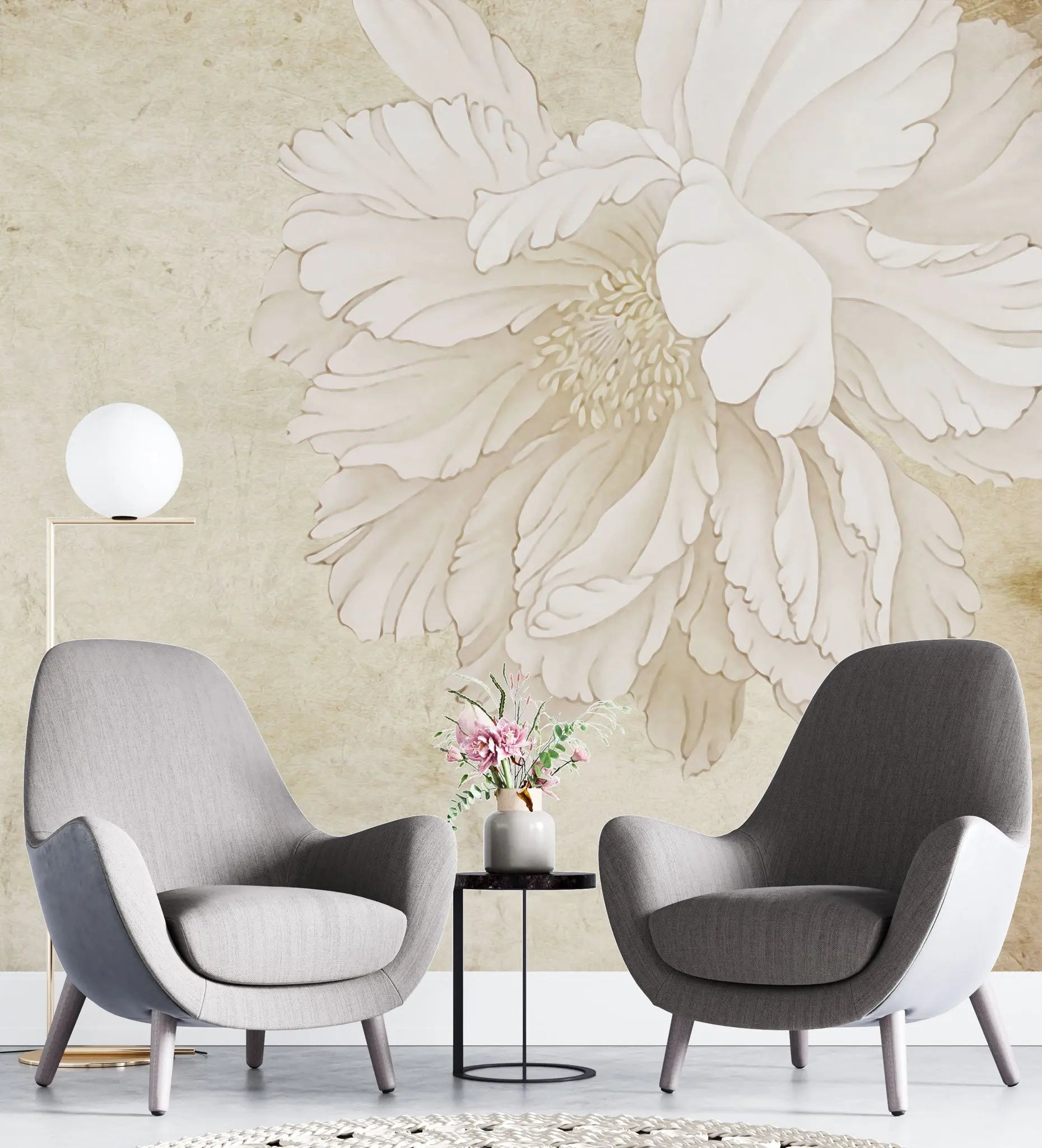 Tapet personalizat floral cu flori albe si fluturi colorati vanilla butterfly