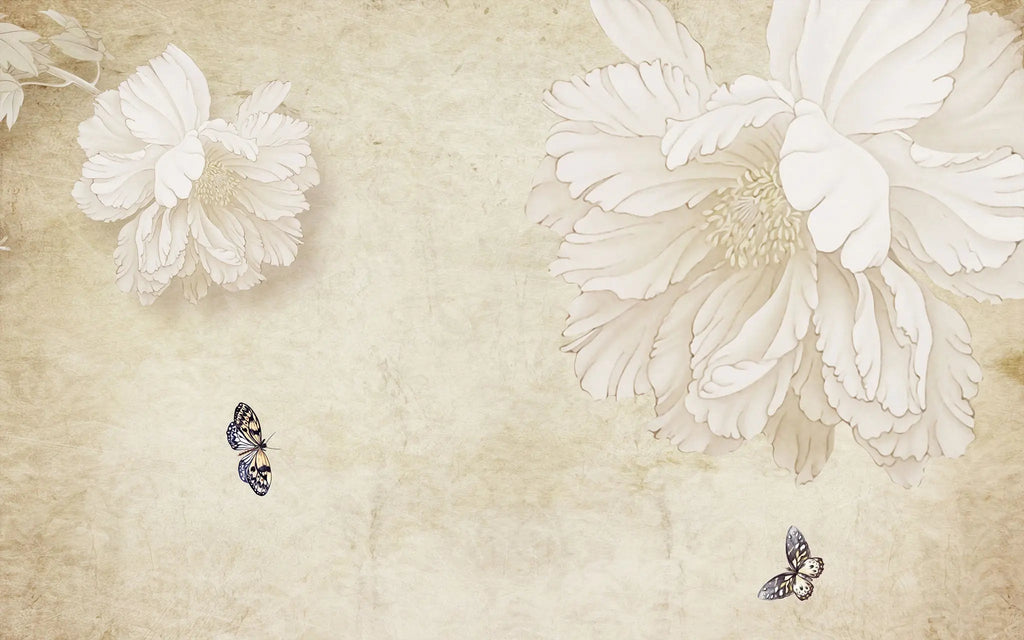 Tapet personalizat floral cu flori albe si fluturi colorati vanilla butterfly