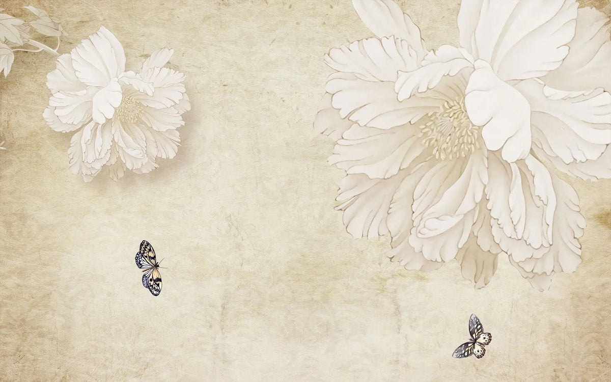 Tapet personalizat floral cu flori albe si fluturi colorati vanilla butterfly