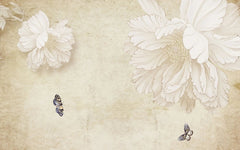 Tapet personalizat floral cu flori albe si fluturi colorati vanilla butterfly