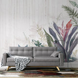 Tapet personalizat floral cu flori tropicale pe un fundal de lemn alb woody tropical
