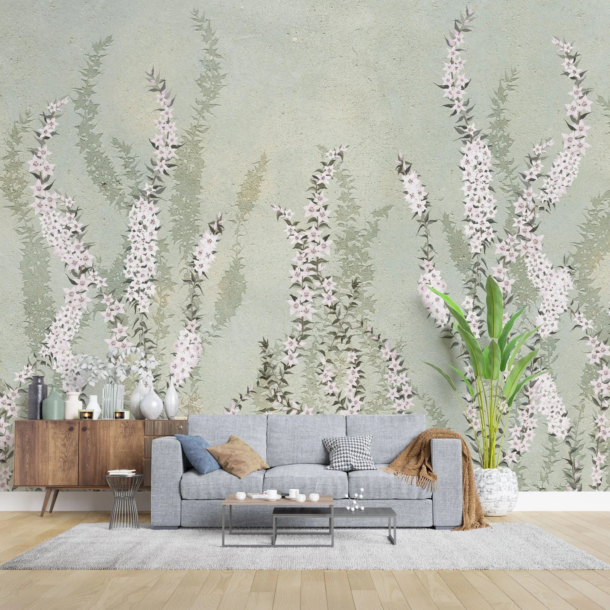 Tapet personalizat floral cu flori de iasomie stelata pe fundal verde menta minty star jasmine
