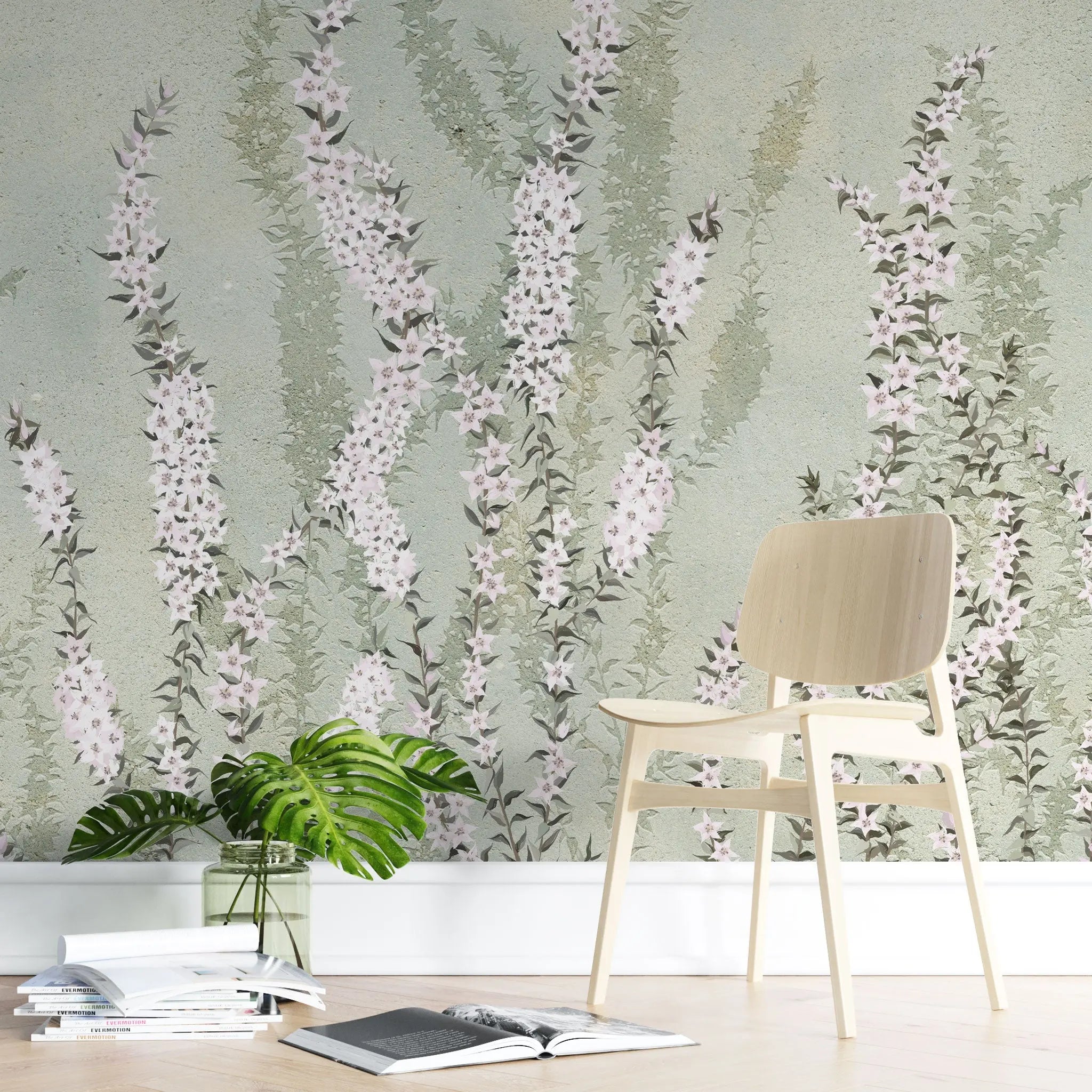 Tapet personalizat floral cu flori de iasomie stelata pe fundal verde menta minty star jasmine