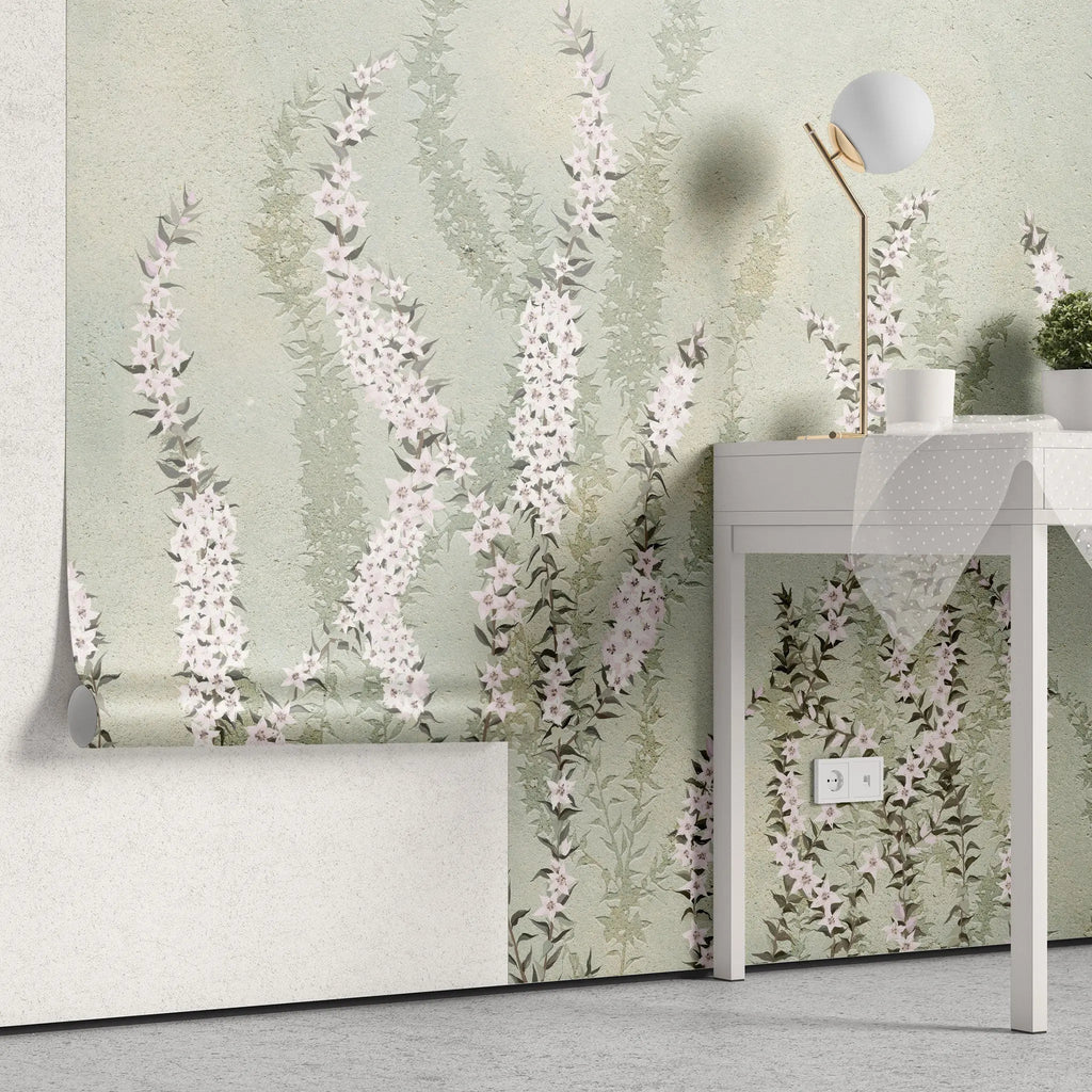 Tapet personalizat floral cu flori de iasomie stelata pe fundal verde menta minty star jasmine