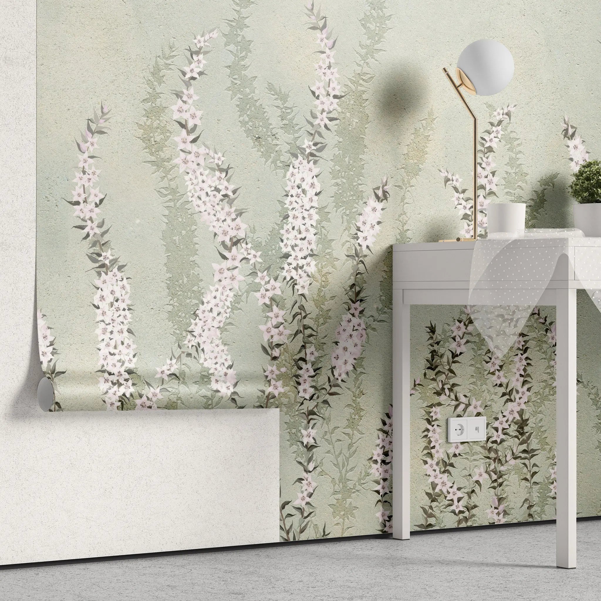 Tapet personalizat floral cu flori de iasomie stelata pe fundal verde menta minty star jasmine