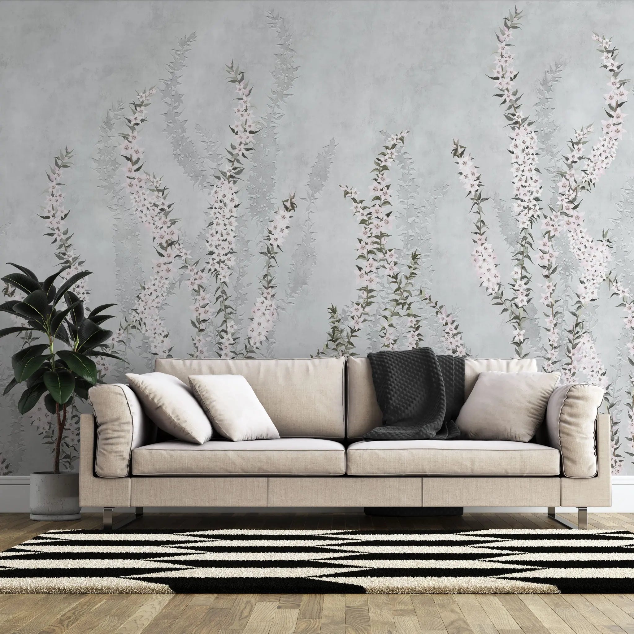 Tapet personalizat floral cu flori de iasomie stelata pe fundal albastru deschis blue star jasmine