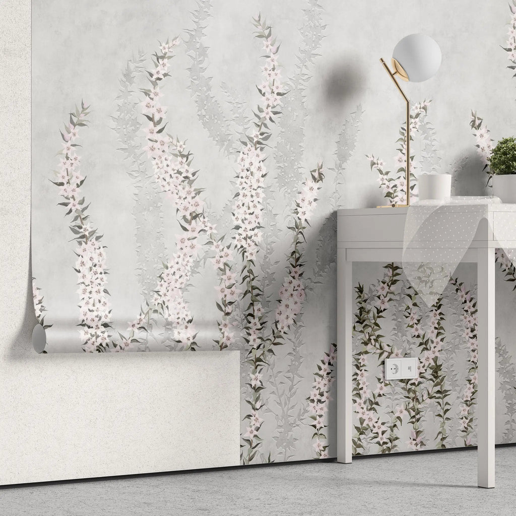 Tapet personalizat floral cu flori de iasomie stelata pe fundal albastru deschis blue star jasmine