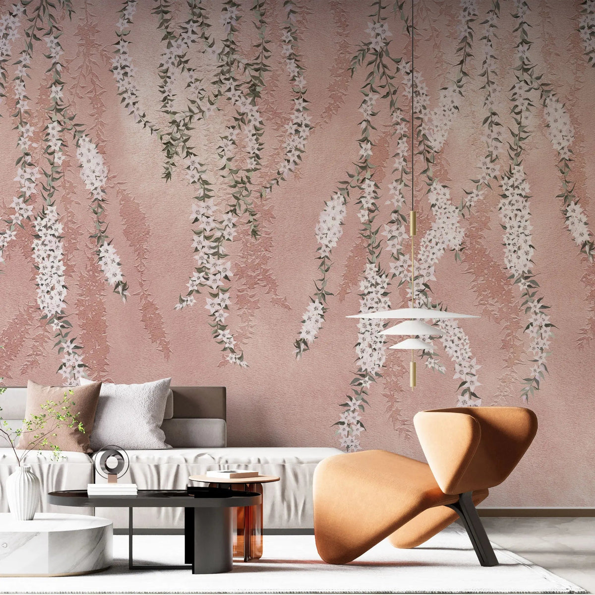Tapet personalizat floral cu flori de iasomie stelata pe fundal rozaliu pink star jasmine