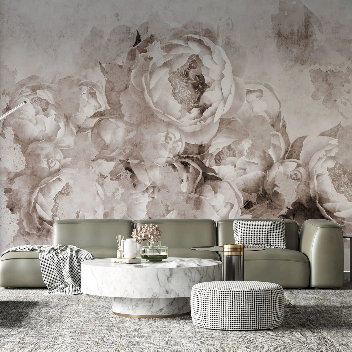 Tapet personalizat floral in stil fresca cu bujori albi peony fresque