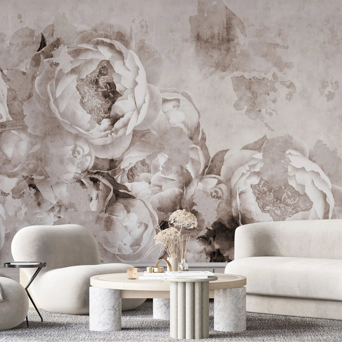Tapet personalizat floral in stil fresca cu bujori albi peony fresque
