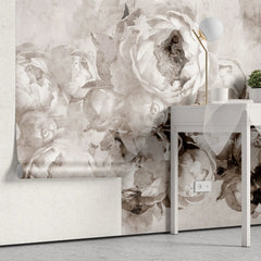 Tapet personalizat floral in stil fresca cu bujori albi peony fresque