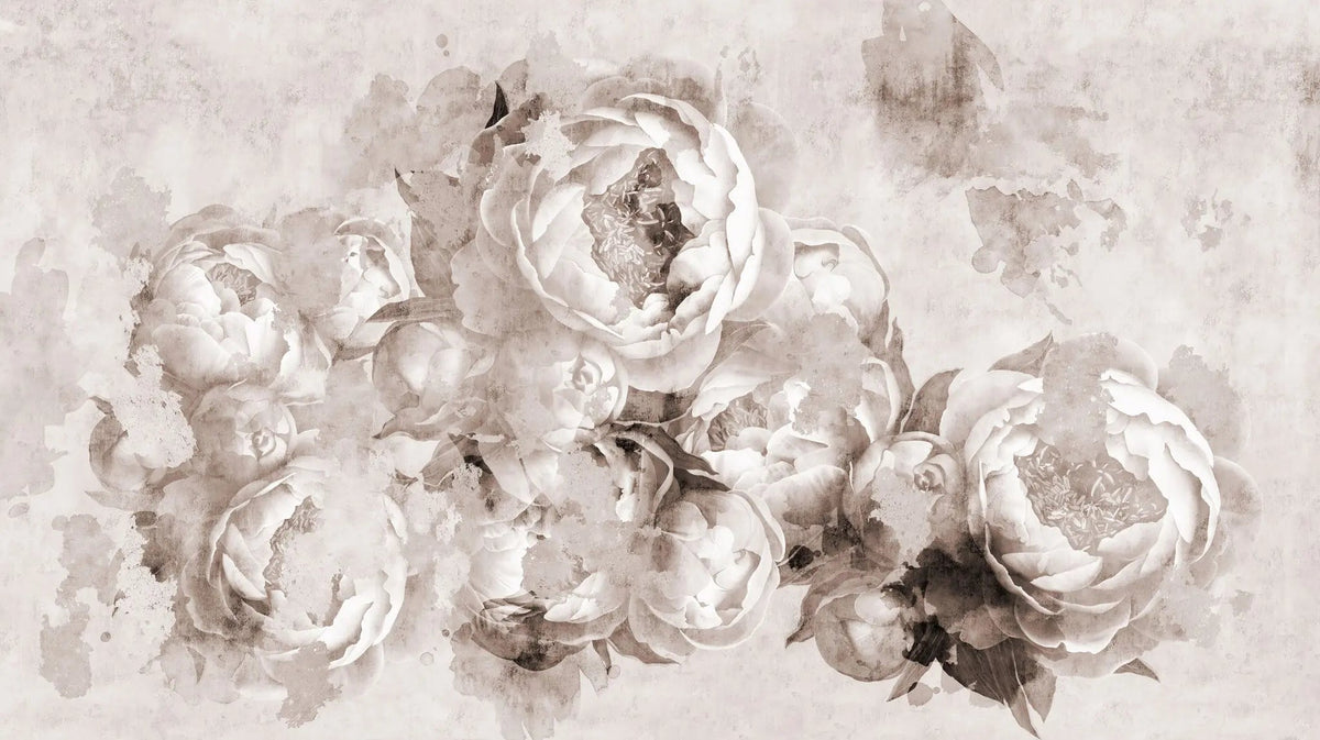 Tapet personalizat floral in stil fresca cu bujori albi peony fresque